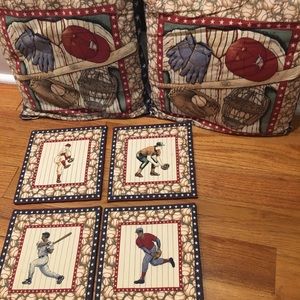 Set of vintage baseball pillows and wall decor